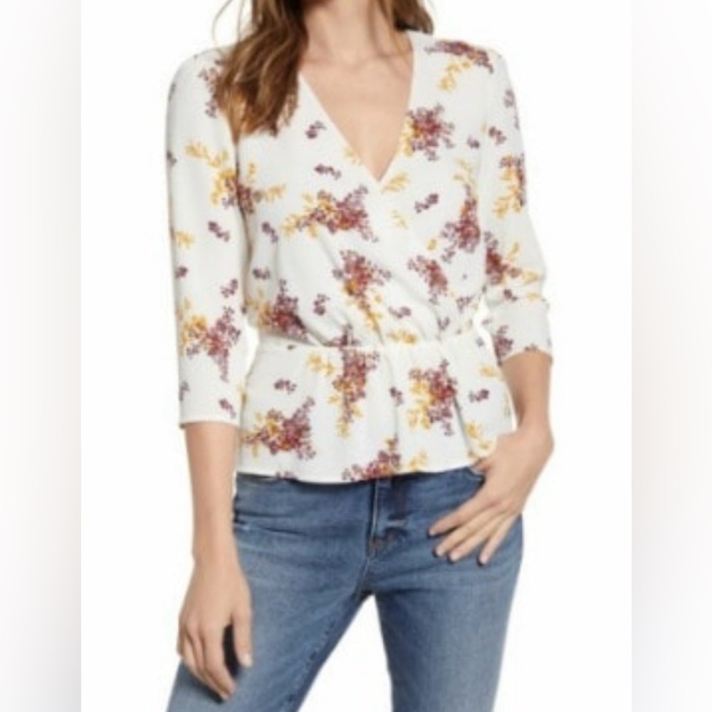 1. State Peplum Faux Wrap Cream Floral Print Blouse.  blouse. Size L.
